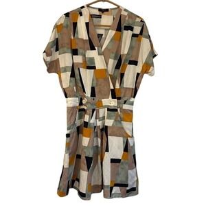 FRNCH PARIS Geometric Midi Dress Short Sleeve Smocked Waist Medium Large